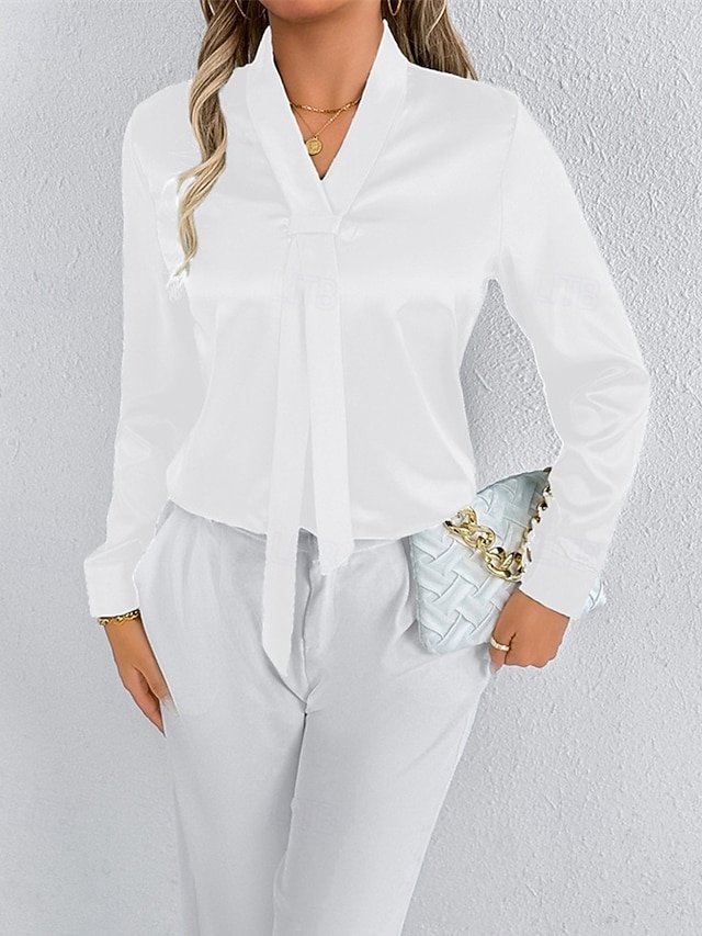  Per donna Camicia Camicia in raso Tinta unica Elegante Casual Manica Lunga Scollo a V Top Regolari Quotidiano Uscire Nodo frontale Nero Bianco Primavera Autunno