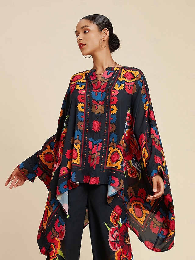  top da donna in chiffon con stampa floreale e revers, stile etnico, casual, per le vacanze, primavera e autunno