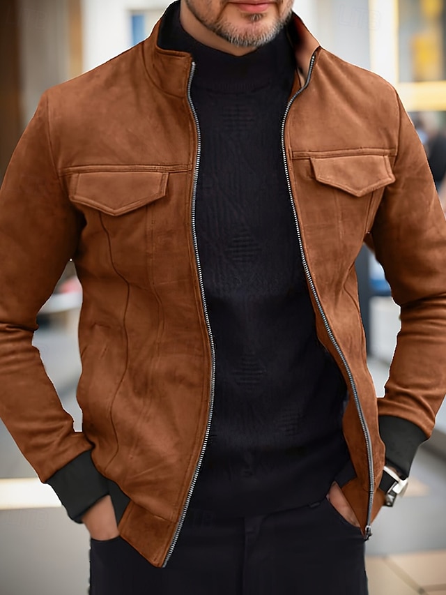  Homme Veste en faux suède Veste Décontractée Vacances Quotidien Chaud Avec Poches Automne Hiver Uni Mode Classique Col montant Régulier Noir Vert Café Veste