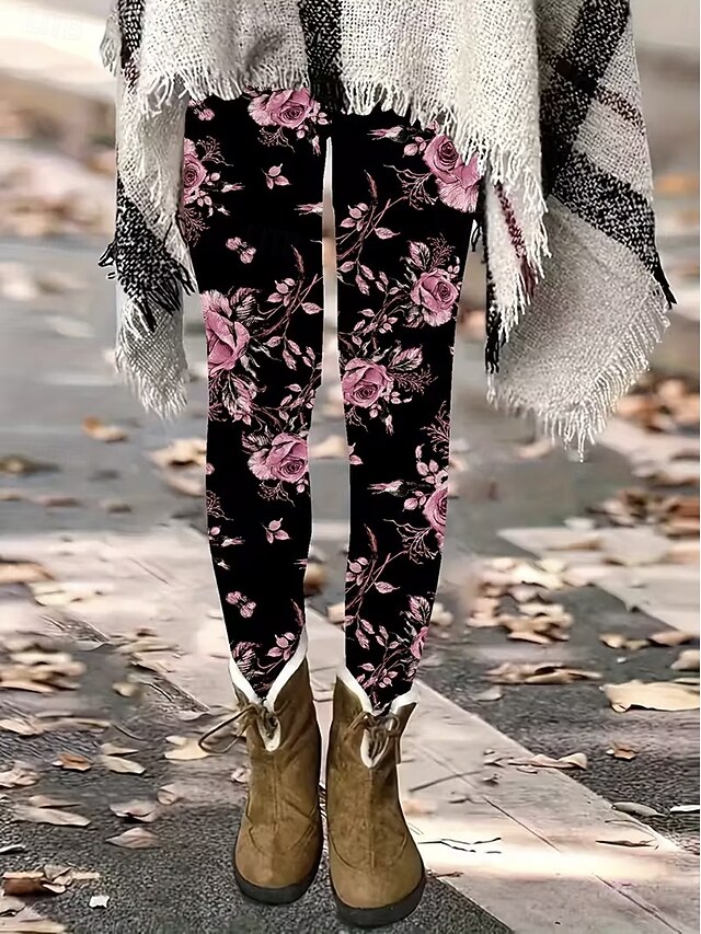 Women's Leggings Vacation Vintage Fashion Full Length High Waist Floral Graphic Printing Thermal Warm Soft Breathable Stretchy Formal Outdoor Vacation Violet Pink off-white Spring Fall Slim Fit4