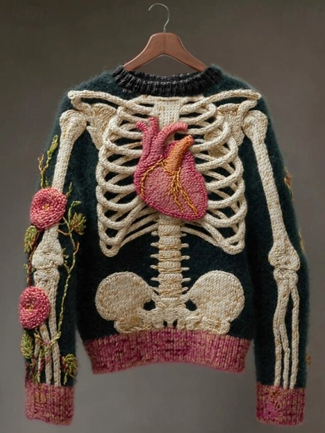 Women's Sweater Cute Streetwear Casual Graphic Skeleton Crew Neck Patchwork Knitted Long Sleeve Regular Tops Knit Halloween Pink Fall Winter2