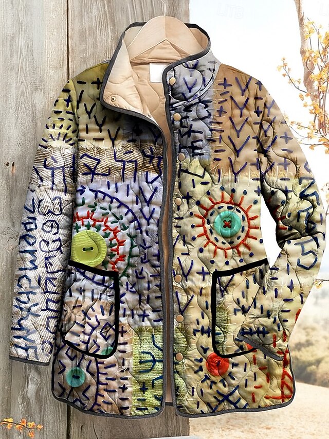 Women's Winter Jacket Quilted Jacket Warm Lightweight Print Elegant Vintage Fashion Abstract Vacation Home Office / Career Casual Short Stand Collar Regular Fit Long Sleeve Outerwear Yellow Light4