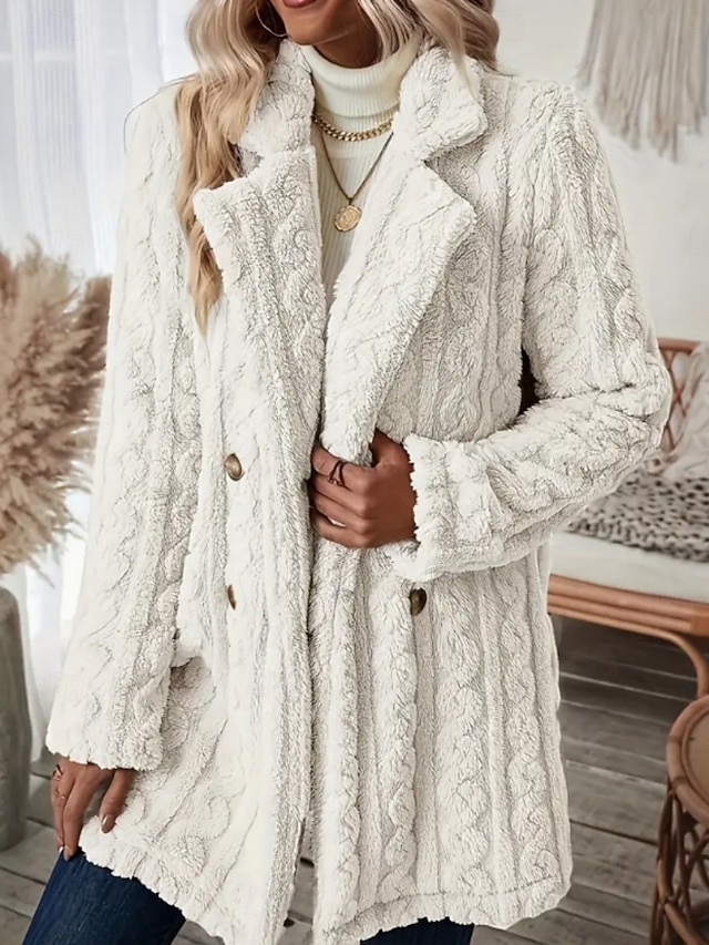  Dames Fleecejack Teddy jas Houd Warm Ademend Zak Met fleece gevoerd Casual Effen Vakantie Straat Casual Alledaagse kleding Dubbele rij knopen Lang Ingesneden revers Normale pasvorm Lange mouw