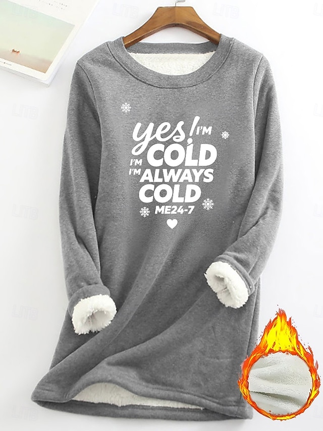  レディース プルオーバー スウェットシャツ yes im cold グラフィック レター 暖かい カジュアル ふわふわ 長袖 クルーネック ラウンドネック ロング トップス ストリート カジュアル ライトピンク ブラック ダークピンク ブルー 春 秋 冬
