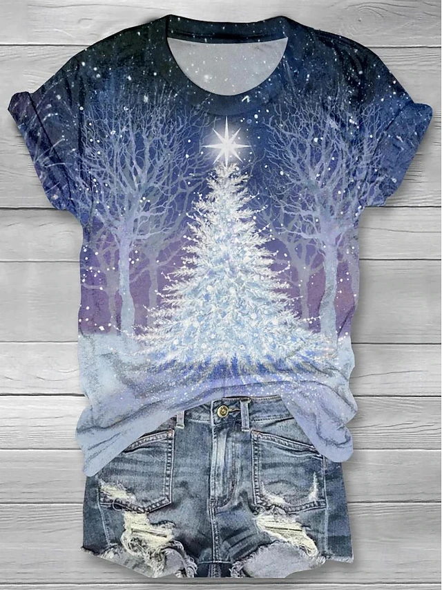 Christmas Women's T Shirt Graphic Christmas Tree Vintage Stylish Classic Short Sleeve Crew Neck Round Neck Regular Tops Daily Print Blue Sky Blue Green Summer Spring Winter4