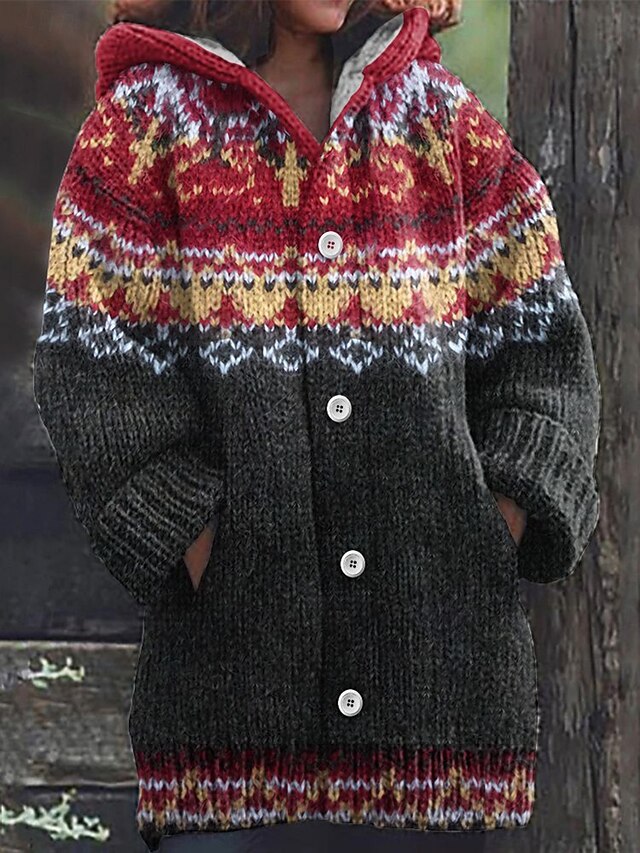 Women's Cardigan Daily Casual Geometric Color Gradient Ribbed Hooded Pocket Buttons Print Long Sleeve Long Tops Knit Outdoor Weekend Red Fall Winter2