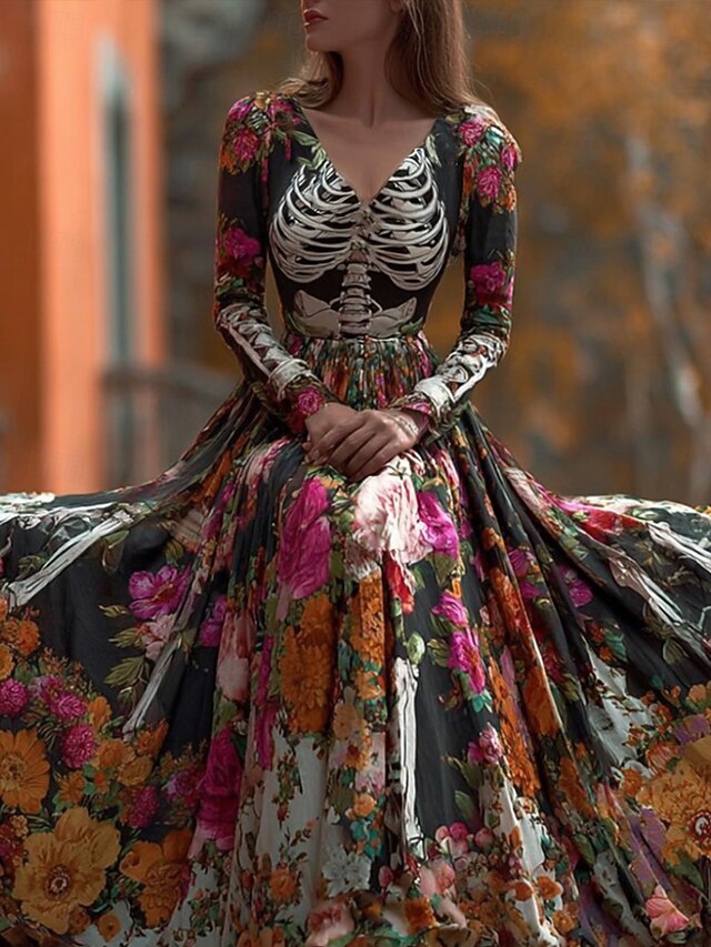 Halloween Women's Maxi Dress Pleated Dress Boho Date Regular Fit Floral Skull Long Sleeve V Neck Black Fall2