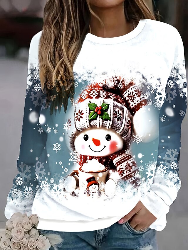 Women's Pullover Sweatshirt Hoodies Graphic Snowman Fashion Casual Long Sleeve Crew Neck Round Neck Regular Tops Street Dailywear Casual Print Blue Spring Fall Winter4