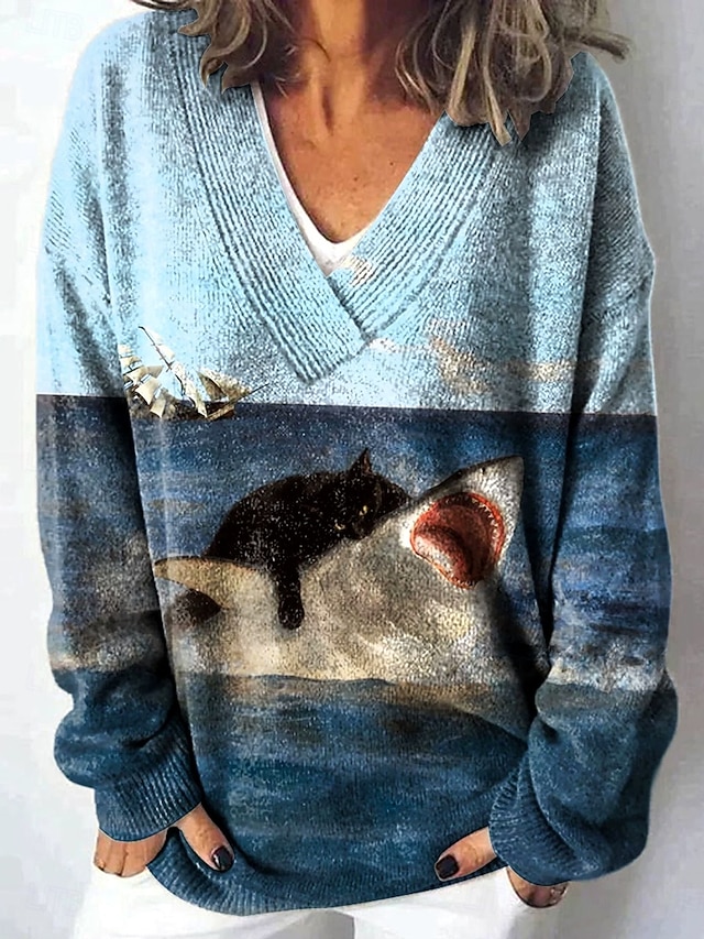  Жен. Кардиган Повседневные Графика Животное Геометрический принт Рельефный узор V-образный вырез Пуговицы С принтом Длинный рукав Обычные топы Вязать на открытом воздухе выходные Красный Синий