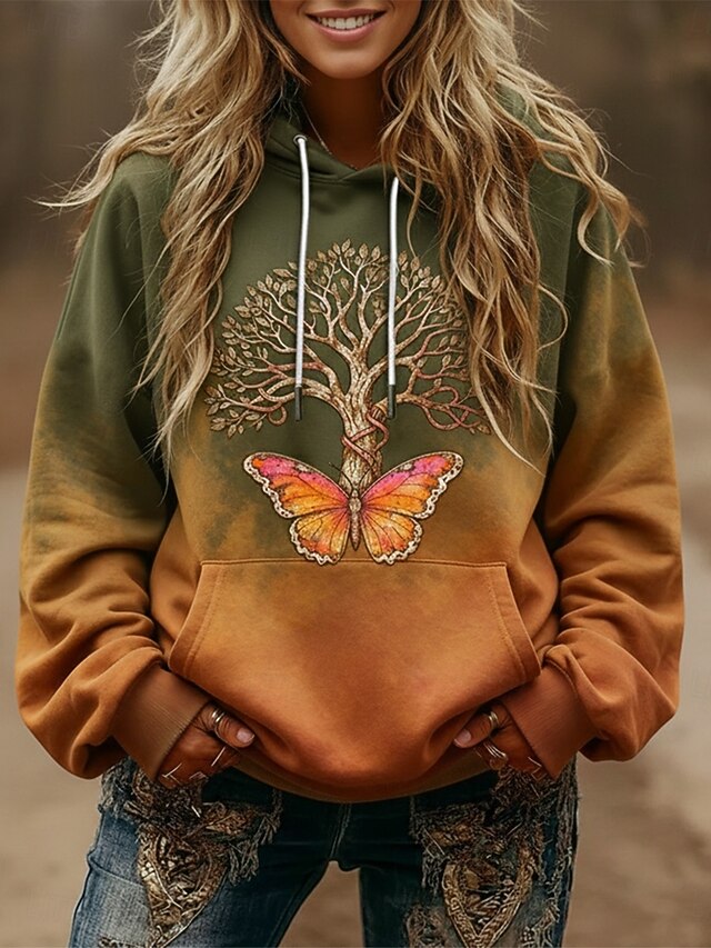 Women's Pullover Hoodies Graphic Vintage Streetwear Casual Long Sleeve Hooded Regular Tops Dailywear Casual Sports Drawstring Pocket Print Green Spring Fall4