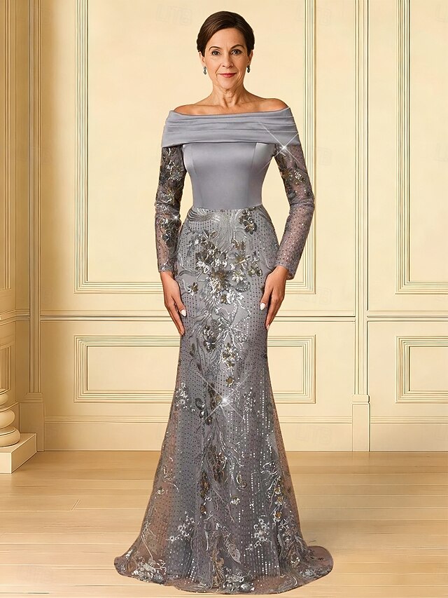 Mermaid / Trumpet Evening Gown Elegant Formal Dress Formal Wedding Sweep / Brush Train Long Sleeve Off Shoulder Satin with Glitter 20254