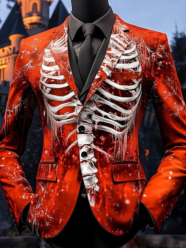  Halloween Pánské Kostra Sako Pohodlné Na běžné nošení Tmavá Párty večerní šaty Denní Festival 3D tisk Knoflíky Multi kapsa Jaro Podzim zima Otevřené Dlouhý rukáv Rubínově červená Vodní modrá Fialová