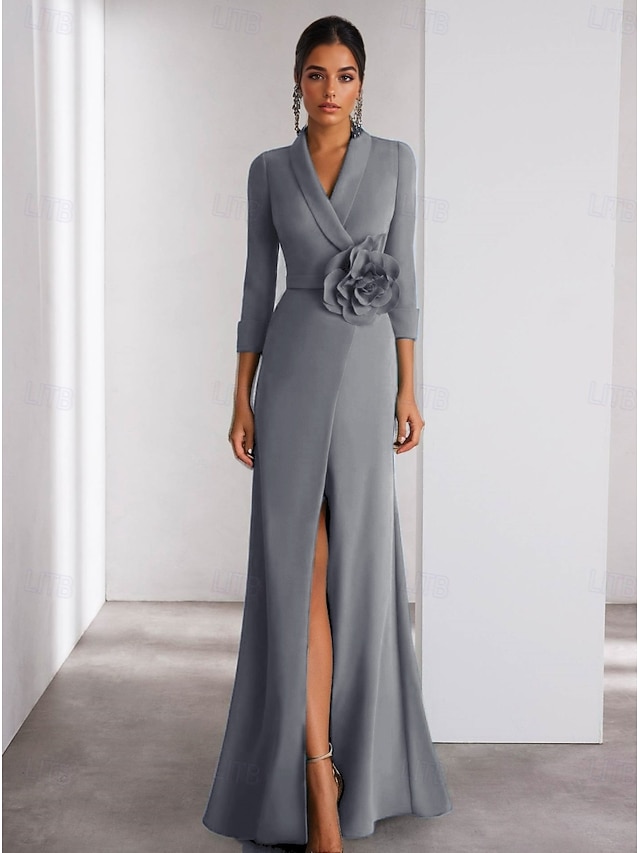  A-linjeformad aftonklänning Elegant klänning formell bröllop golvlängd lång ärm skjortkrage stretch crepe med slits axelblomma