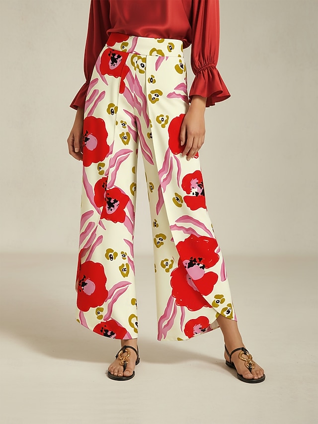  dames wijde broek satijn rood bloemenprint voorkant overlapping split lente herfst
