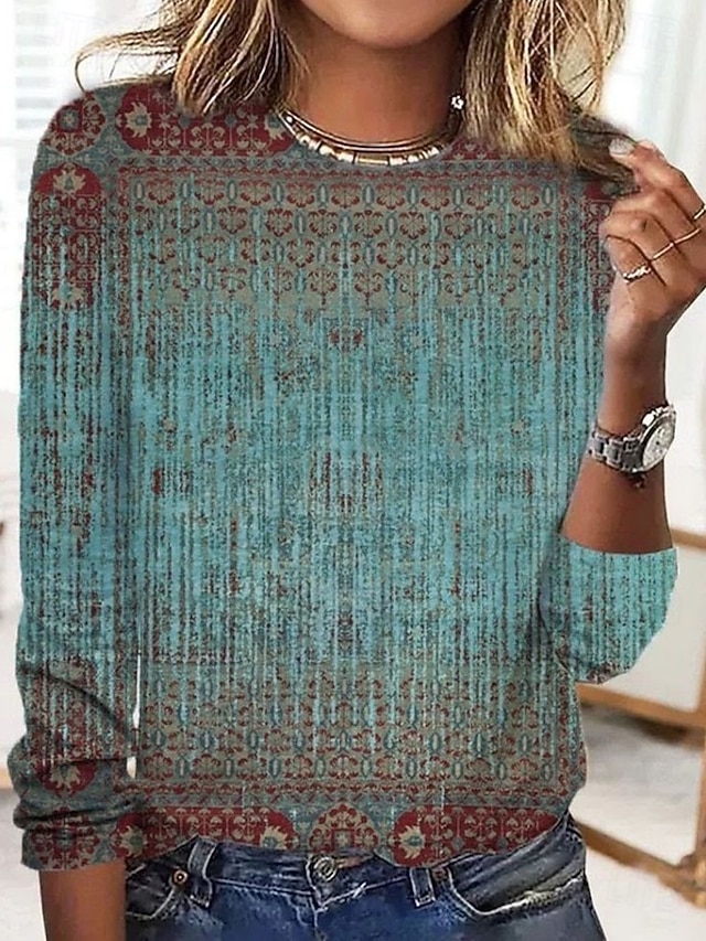  Dame T skjorte Blomstret Grafisk Geometrisk Bohem Årgang Stilfull Langermet Crew-hals Vanlige topper Daglig Helg Ferieklær Trykt mønster Blå Oransje Grønn Vår Høst Vinter