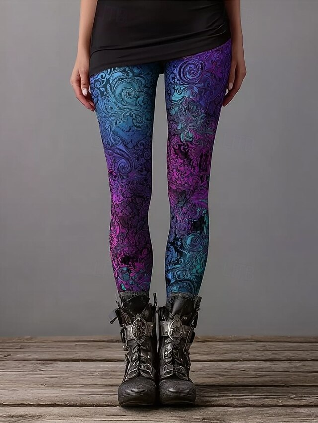 Women's Leggings Vacation Vintage Fashion Full Length High Waist Floral Graphic Abstract Printing Thermal Warm Soft Breathable Stretchy Vacation Street Violet Black Spring Fall Winter Slim Fit4