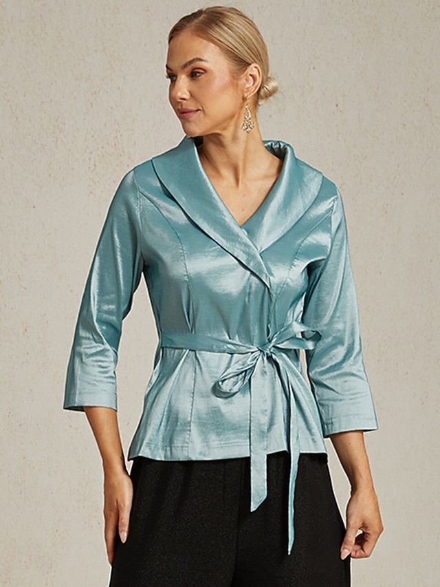  Women's Blouse Evening Tops Elegant Metallic Stylish 3/4 Length Sleeve V Neck Regular Tops Wedding Guest Evening Party Semi Formal Tie Front Dusty Blue Spring, Fall, Winter, Summer