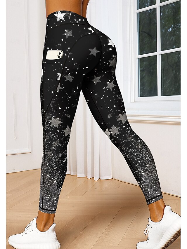 Women's pilates leggings fitness pants Gym Leggings Pockets Stamp Duty Side Pockets Pilates Gym Gym Workout Pants Tights Leggings Star Color Gradient Galaxy Star Print Black+Gray Sports Activewear4