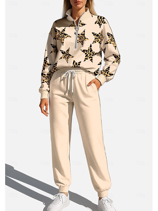 Women's Sweatshirt Tracksuit Sweatsuit Drawstring Zipper Geometric Jacket and Sweatpants Athletic Clothing Set Spring Beige Casual Workout Outdoor Soft Baggy Long Sleeve Sport Activewear Micro-elastic4