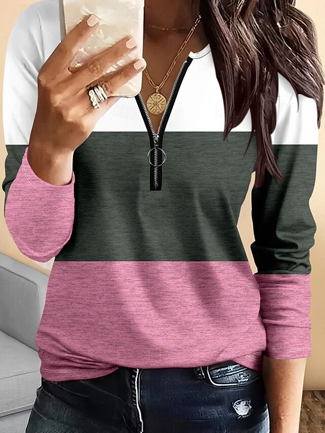 Women's T Shirt Graphic Geometric Vintage Fashion Stylish Long Sleeve Crew Neck Regular Tops Daily Zipper Print Pink Blue Green Spring Fall Winter4