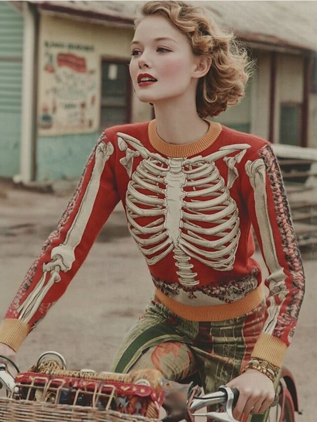 Halloween Women's Sweater Skeleton  Cute Streetwear Casual Graphic Skeleton Crew Neck Patchwork Knitted Long Sleeve Regular Tops KnitRed Orange Fall Winter3