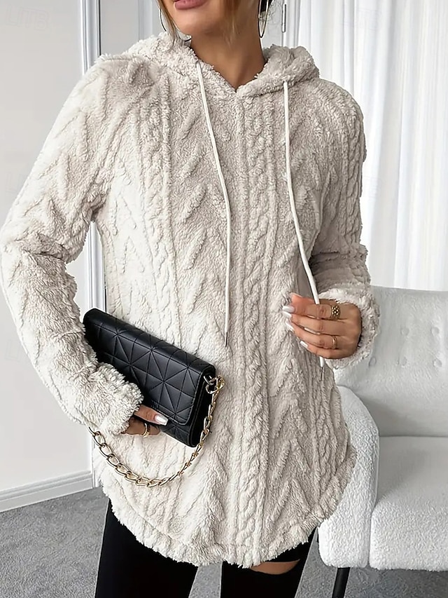  Mulheres Pulôver Moletom Com Capuz Tecido Roupa de rua Casual Velo Sherpa Manga Longa Com Capuz Tops regulares Rua Feriado Com Cordão Preto Branco Vermelho Roxo Bege Outono Inverno
