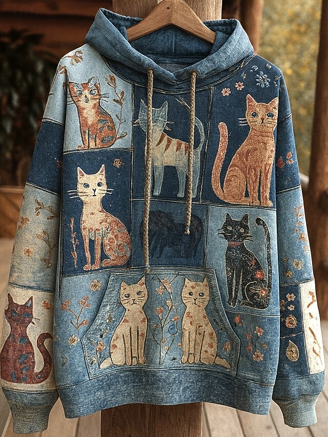 Women's Pullover Hoodie Sweatshirt Graphic Animal Cat Punk Active Vintage Long Sleeve Hooded Regular Tops Street Dailywear Print Front Pocket Denim Blue Blue Light Blue Spring Fall Winter4