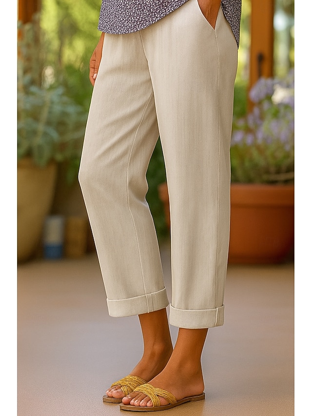  Women's Cotton Pants Vacation Vintage Ethnic Style Ankle-Length High Waist Plain Comfy Breathability Soft Micro-elastic Army Green Dark red Black White Summer Spring Loose Fit