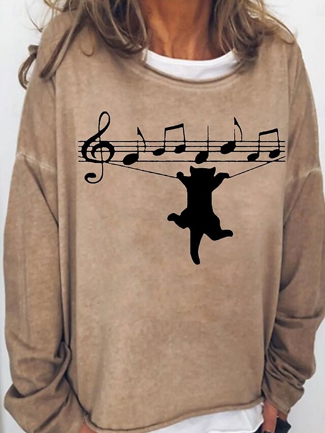Women's Sweatshirts Graphic Cat Vintage Fashion Casual Long Sleeve Crew Neck Regular Tops Street Casual Print Blue Khaki Gray Fall Winter4
