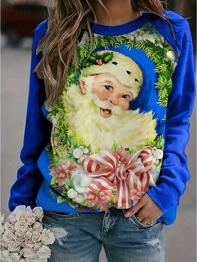  Jule Kvinders Pullover Grafisk Claus Casual Lange Ærmer Crew Neck Regular Tops Casual Holiday Print Lyserød Rød Blå Forår Efterår Vinter