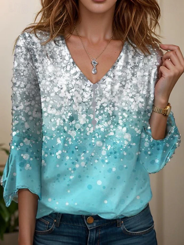 Women's T Shirt Henley Shirt Ombre Floral Vintage Vintage Stylish Basic 3/4 Length Sleeve V Neck Regular Tops Weekend Buttons Print Blue Sky Blue Rose Pink Summer Spring Fall4