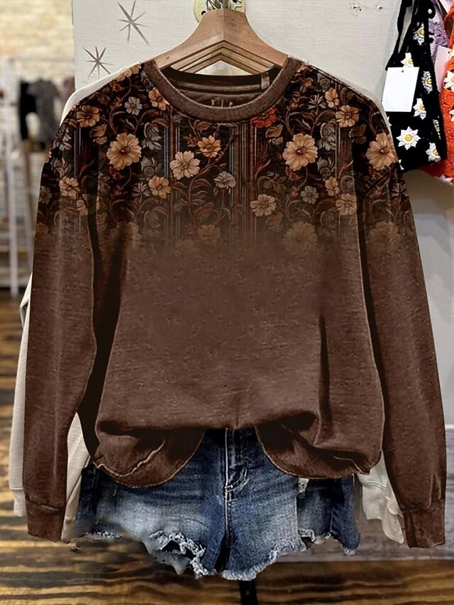 Women's Pullover Sweatshirt Floral Graphic Casual Long Sleeve Crew Neck Regular Tops Home Work Street Brown Fall Winter4
