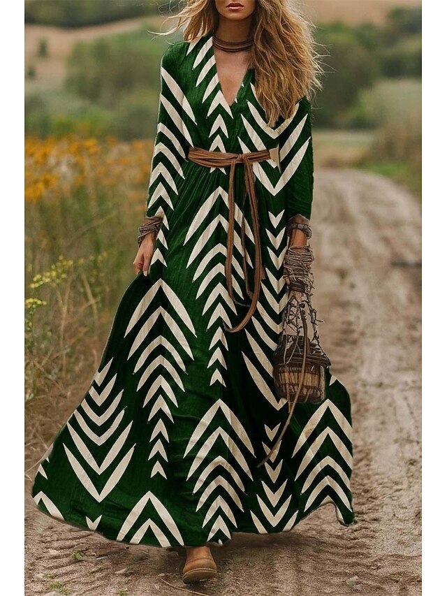 Women's Maxi Dress A Line Dress Pleated Dress Fit And Flare Dress Boho Date Going out Loose Fit Floral Graphic Long Sleeve V Neck Purple Brown Green Spring Fall Winter Autumn4