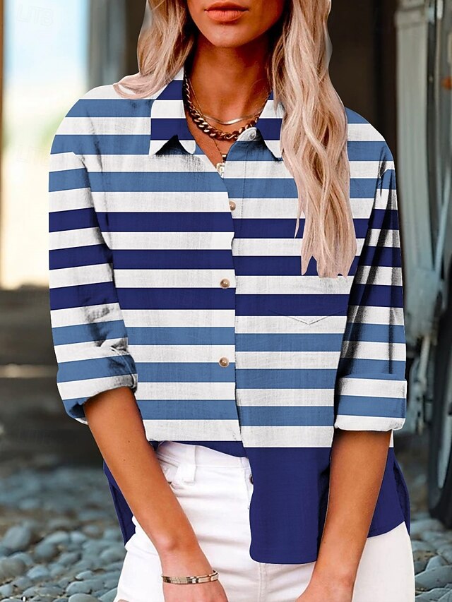 Women's Shirt Striped Active Daily Stylish Long Sleeve Shirt Collar Regular Tops Daily Holiday Buttons Print Blue Summer Spring Fall4