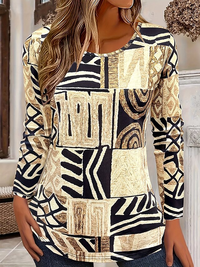 Women's T Shirt Graphic Geometric Tribal Vintage Stylish Classic Long Sleeve Crew Neck Round Neck Regular Tops Daily Print Khaki Spring Fall Winter4