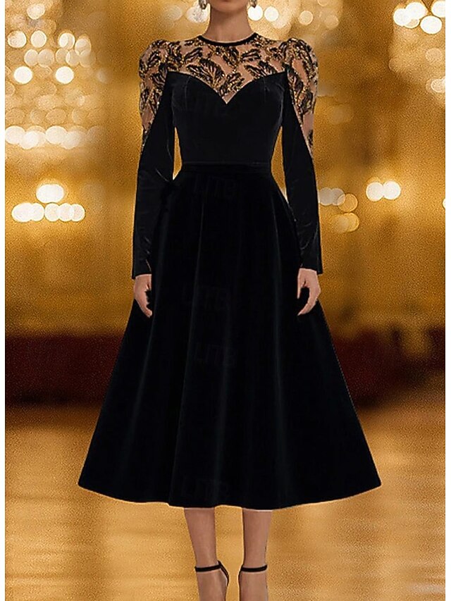 A-Line Embroidered Lace Appliques Black Stretch Velvet Cocktail Dresses Elegant Dress Formal Wedding Tea Length Long Sleeve Crew Neck 20254