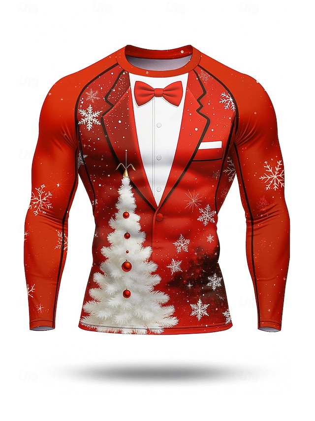  クリスマス 男性用 コンプレッション・シャツ ランニングＴシャツ 長袖 ベース層 速乾性 ビデオ圧縮 パワーフレックス 吸汗性 ジムトレーニング アクティブトレーニング 運動 スポーツウェア アクティブウェア ルビーレッド