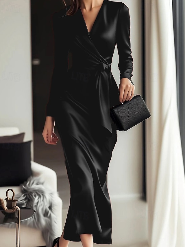  Damen Midikleid Partykleid Cocktailkleid Satinkleid Elegant Modern Party Abendgesellschaft Normale Passform Einfach Langarm V Ausschnitt Schwarz Wein Herbst Winter