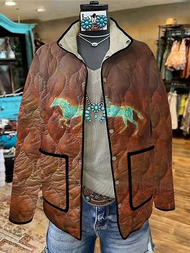 Women's Winter Jacket Quilted Jacket Warm Lightweight Buttons Print Active Vintage Artistic Casual Animal Casual Regular Stand Collar Regular Fit Long Sleeve Outerwear Coffee Fall Winter4