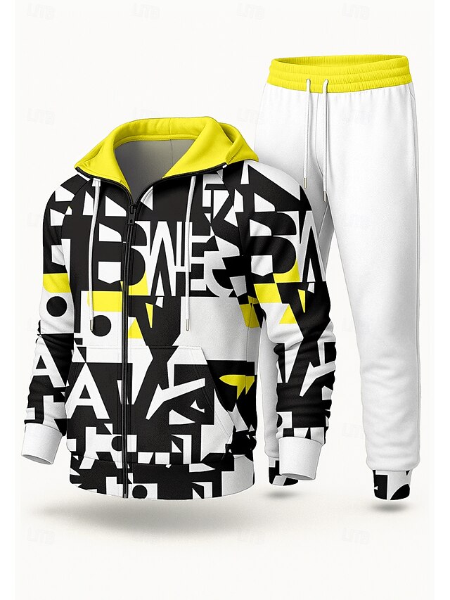 Men's Hoodie Tracksuit 2 Piece Tracksuit Drawstring Zip Up Geometric Clothing Suit Fall Yellow Vocation Outdoor Travel Lightweight Fashion Long Sleeve Sport Activewear Stretchy Regular Fit4