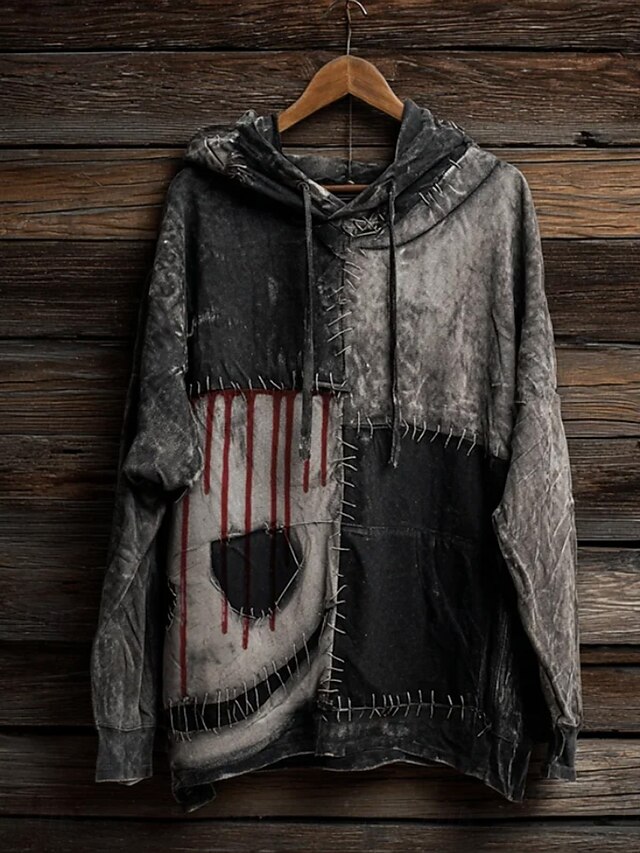 Women's Pullover Hoodie Sweatshirt Graphic Geometric Halloween Vintage Fashion Western Long Sleeve Hooded Regular Tops Street Dailywear Holiday Patchwork Print Dark Gray Fall Winter2