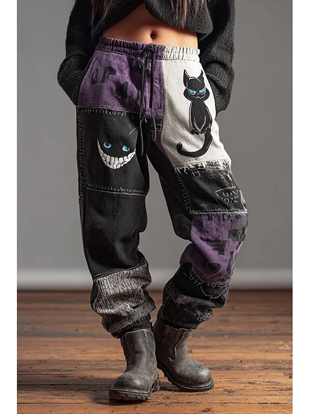 Halloween Cat Women's Culottes Wide Leg Jogging Pants Vacation Vintage Ethnic Style Full Length High WaistPants Drawstring Patchwork Printing Quick Dry Breathability Soft Inelastic Formal Outdoor4