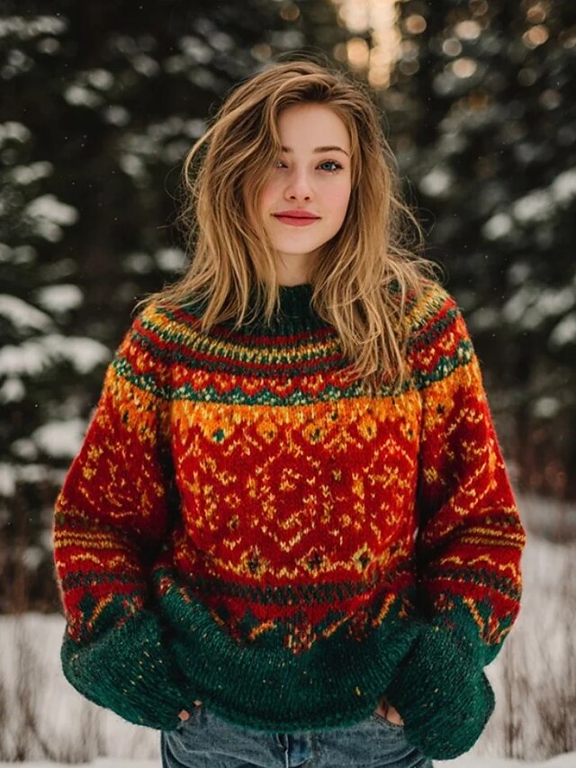 Women's Sweater Vintage Fashion Casual Graphic Geometric Crew Neck Knitted Long Sleeve Regular Tops Knit Work Daily Red Orange Fall Winter4