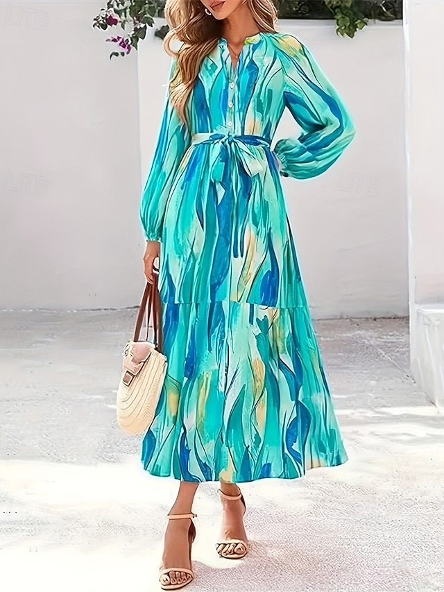  Femmes Robe Midi Robe Décontractée Robe Imprimée Élégant Mode Moderne Extérieur Quotidien Sortir Coupe régulière Graphique manche longue Col en V Bleu Printemps Automne
