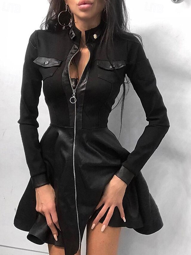Women's Mini Dress Black Dress Leather Dress Fashion Modern Outdoor Holiday Going out Regular Fit Plain Long Sleeve Stand Collar Black Fall Winter4