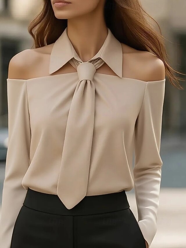 Women's Elegant Dressy Satin Blouse Plain Elegant Stylish Long Sleeve V Neck Regular Tops Black White Khaki Fall4