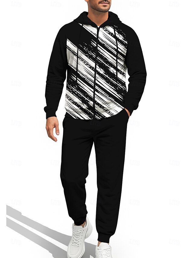Men's Hoodie Tracksuit Zip Hoodie Drawstring Pockets Geometric Pants Hoodie Sweatshirt Fall Black White Gym Workout Casual Basketball Baggy Long Sleeve Sport Activewear Stretchy Regular Fit4