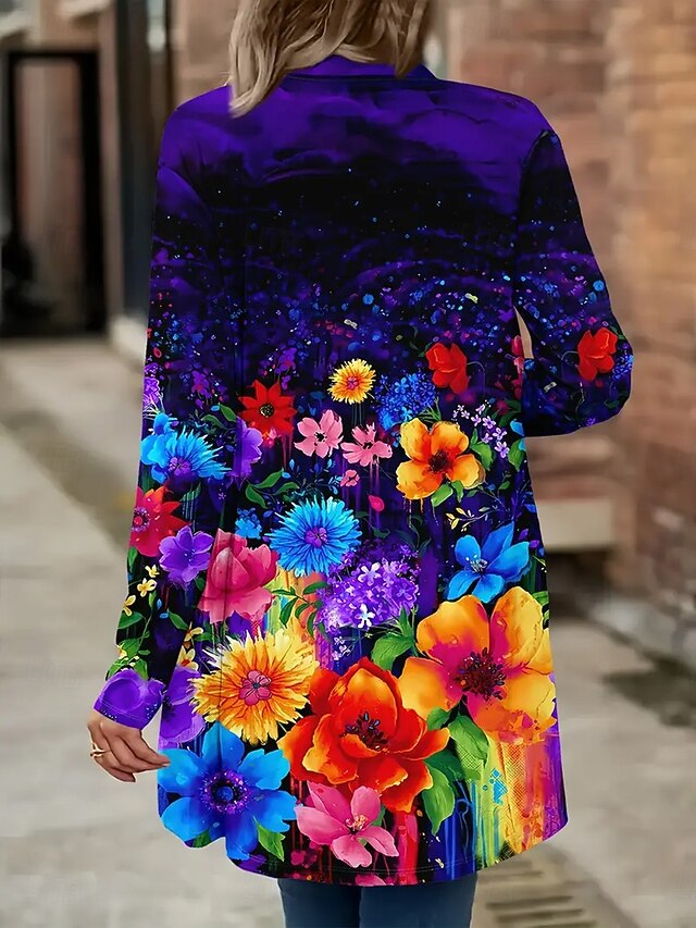 Women's Winter Coat Trench Coat Lightweight Comfortable Print Open Front Vintage Fashion Casual Floral Vacation Casual Long Collarless Regular Fit Long Sleeve Outerwear White Blue Spring Fall3