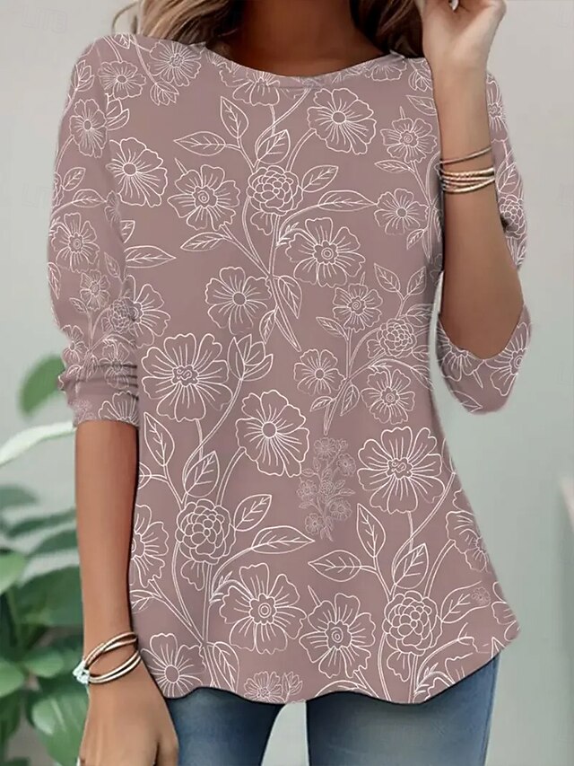 Women's T Shirt Floral Graphic Plants Vintage Stylish Classic Long Sleeve Crew Neck Round Neck Regular Tops Daily Print Dusty Rose Spring Fall Winter4