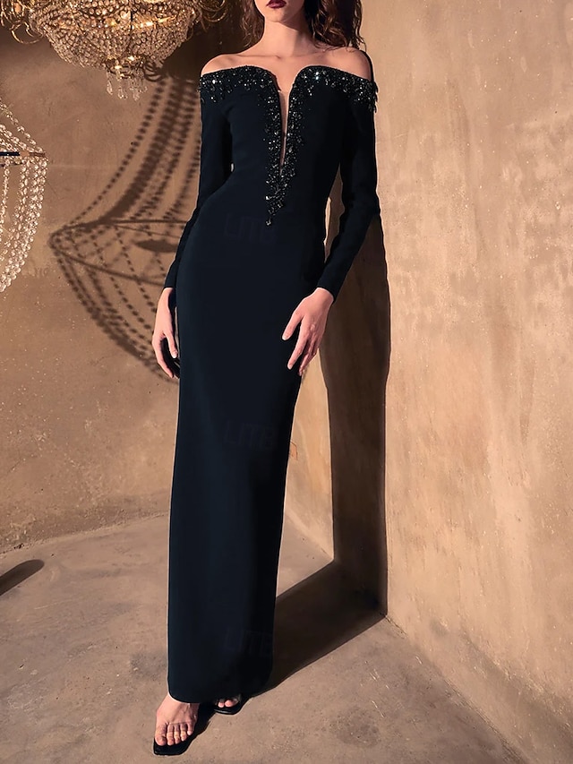  Sirène / Trompette Longueur au sol Robes de Bal Robe de Soirée Tenue de soirée Élégant Scintillant Style Célébrité manche longue Épaules Dénudées Formel Mariage Crêpe Extensible avec Cristaux